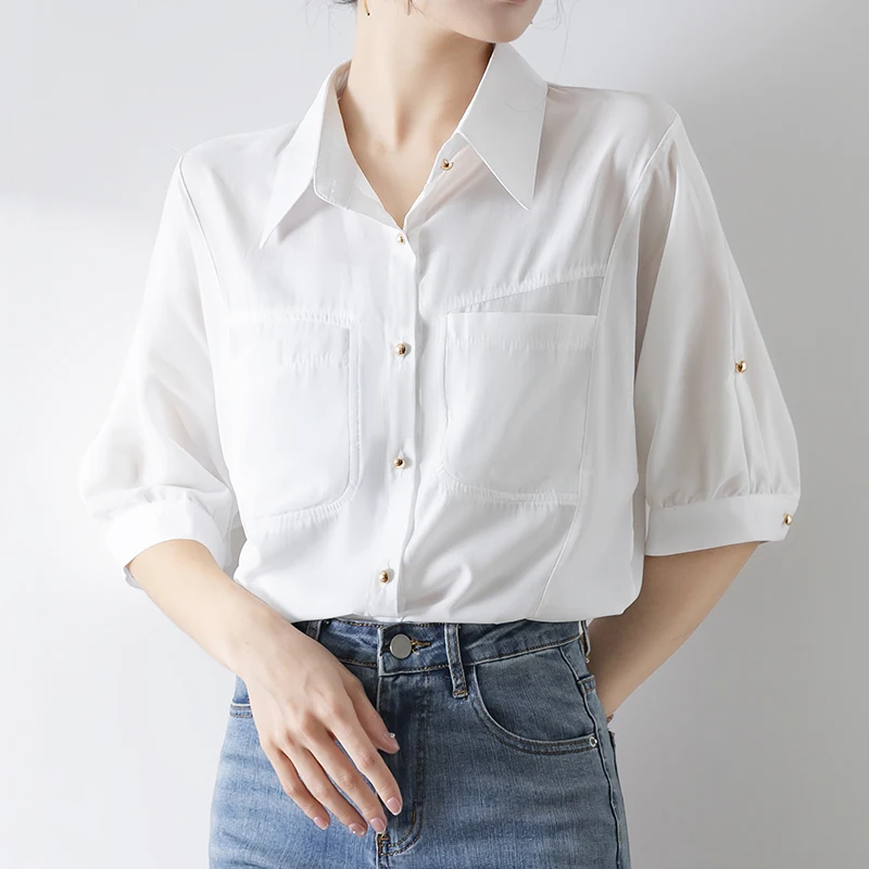 

QOERLIN Fashion Pocket Short Sleeve Summer Women White Shirts 2024 New Elegant Casual Tops Blosue Office Ladies Workwear S-XL