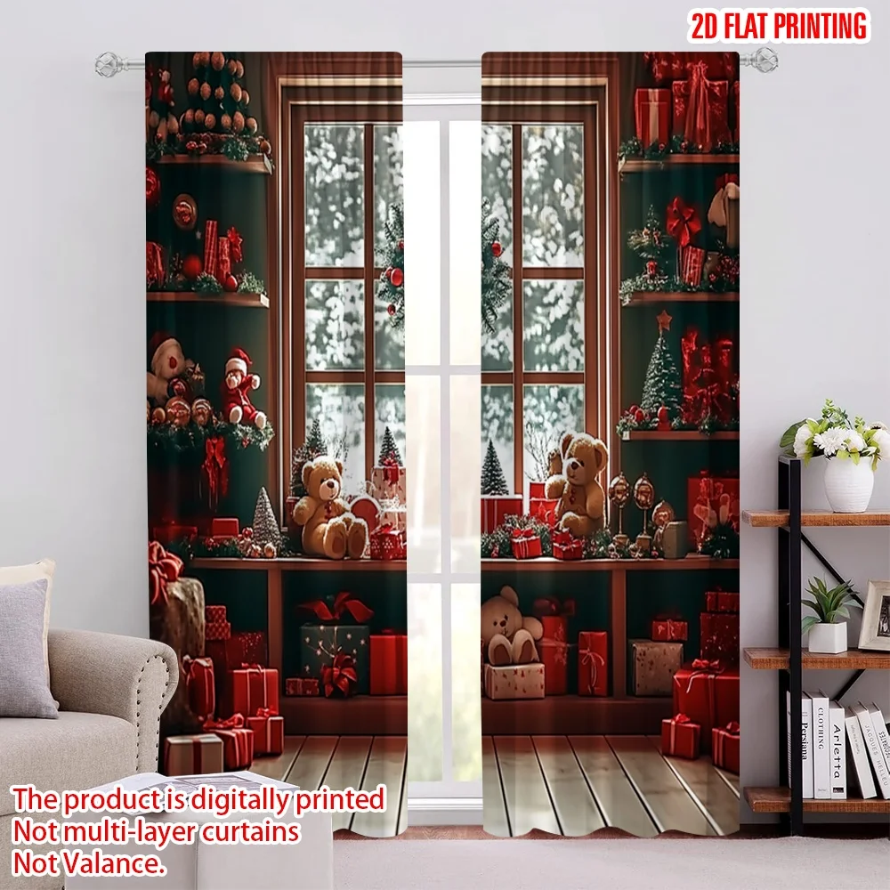 

2pcs 2D flat printing Merry Christmas Popular Party Window Curtains Christmas tree wreath Durable Polyester Without Electricity
