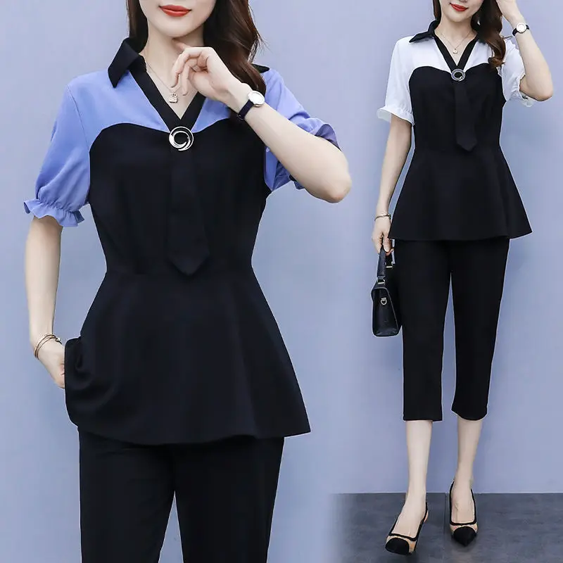 Elegante Mode Patch ework Hose Sets Sommer V-Ausschnitt kurze Flare Ärmel Top elastische Taille waden lange Hose schlanke Damen Sets