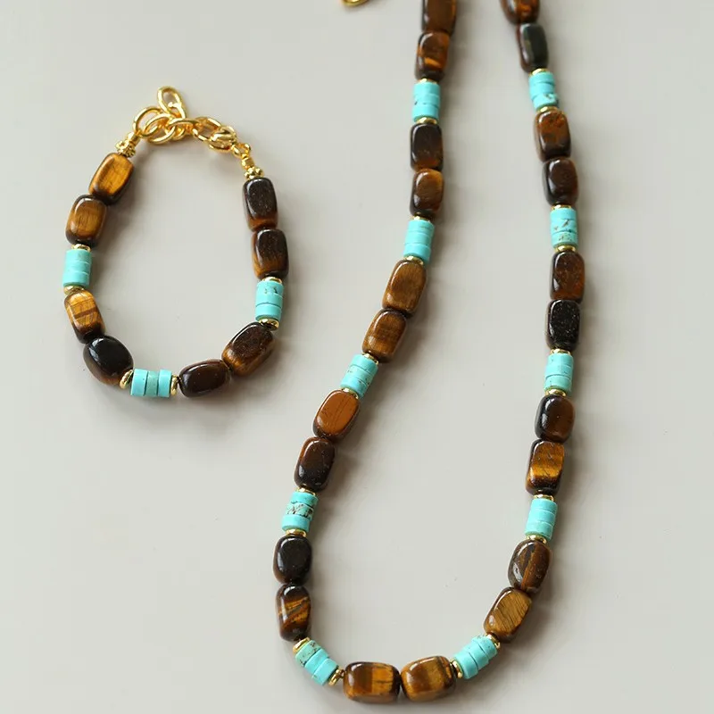 

Bohemian Turquoise Tiger Eye Necklace, Handmade Beaded Statement Piece, Retro Color Blocking Design