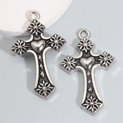 10pcs Charms Cross Heart Retro Pattern Silver Color Pendants For DIY Handmade Making Jewelry Findings