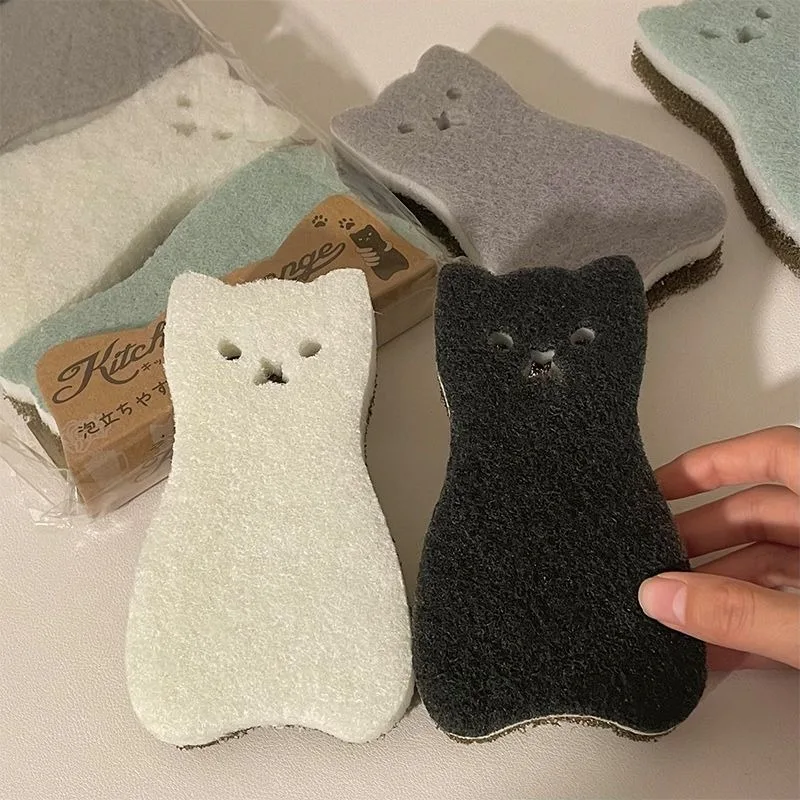 3-8pcs 일본 만화 고양이 3 층 식기 세척 스폰지 세트 두껍고 내구성이 뛰어난 식기 세척 수색 패드 청소 의류