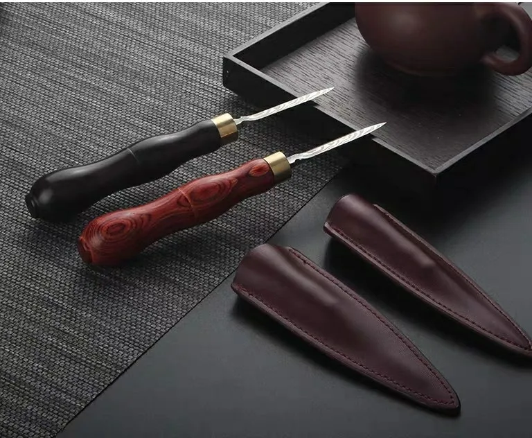 Pu'er Tea Knife Ebony Rosewood Tea Awl with Brick Tea Pry Tea Tool Belt Leather Cover Pattern Stainless Steel Tea Knife