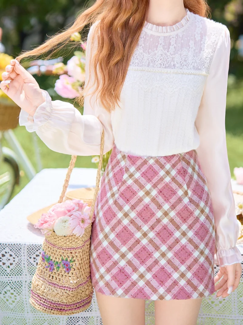Pink Plaid Woolen  Skirt High Waist Women's A-Line Thickened Spring New Korean Style Short Skirt Bodycon Style Casual Wear