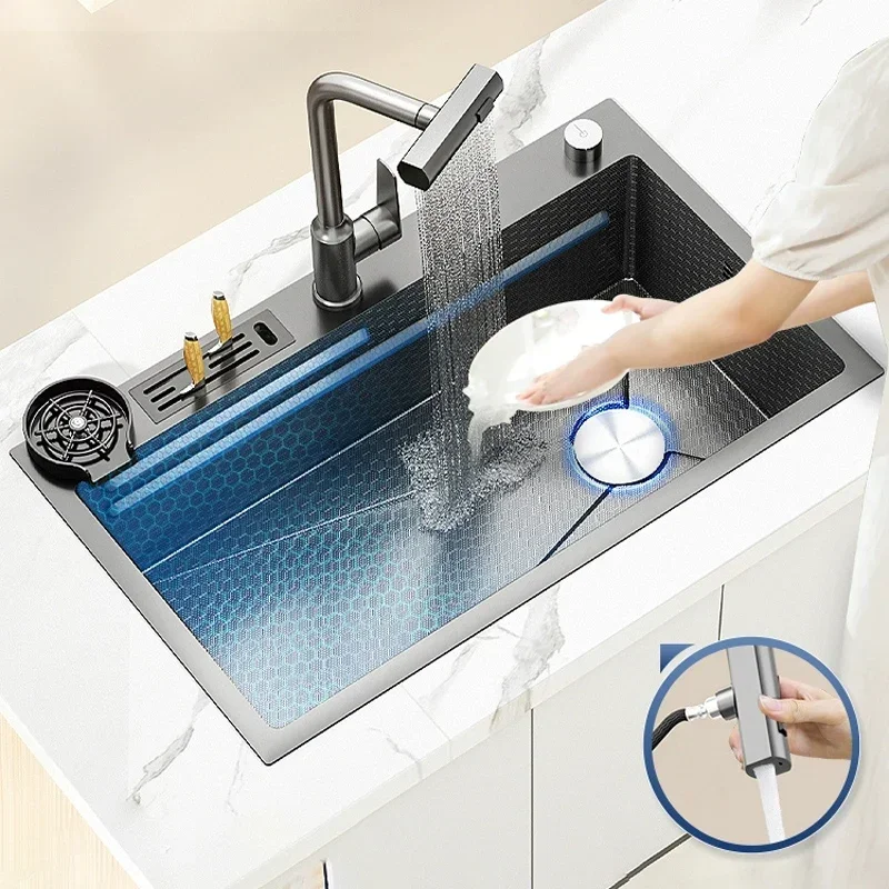 Rotating Waterfall Kitchen Sink Stainless Steel Embossed Large Single Slot Household Washbasin For Accessories