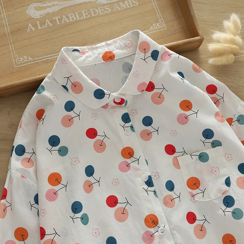 Japanese Sweet Mori Girl Cartoon Floral Rabbit Print Cotton Shirts Women Spring Long Sleeve Vacation Style Casual Loose Blouse