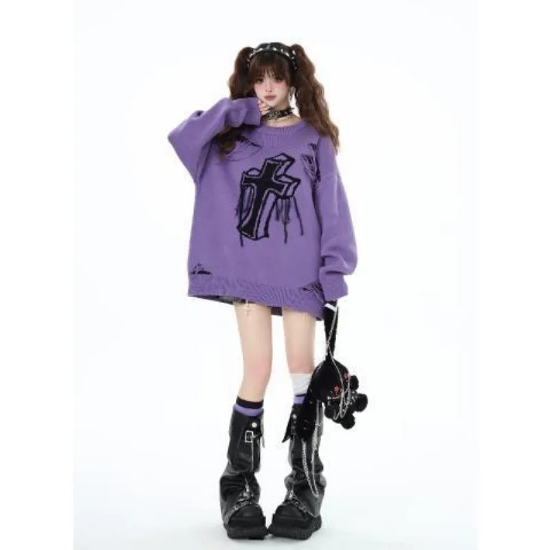 

Нишевый рваный черный и фиолетовый свободный пуловер в ленивом стиле, осенне-зимний свитер нестандартной формы