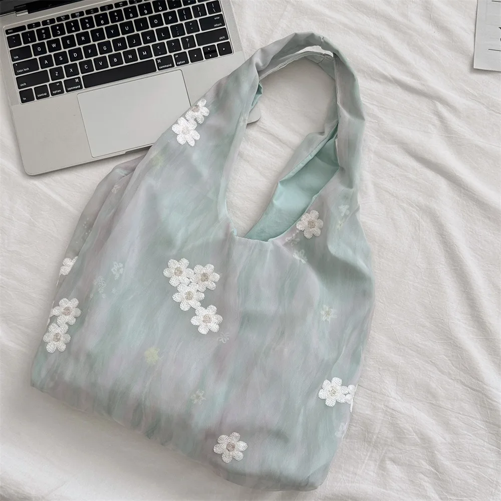 

Fresh Color Flower Embroidery Vest Bag Large Capacity with Lace Ribbon Vacation Tote Bag Korean Style Lightweight Eco Bag