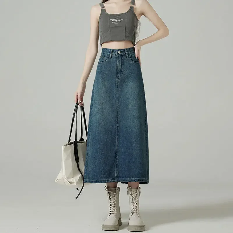 Women's Blue Skirt Premium 2025 New Back Slit High Waist Slimming Clothing Girl Design Sense Hip Hugging A-line Denim Ins Skirts