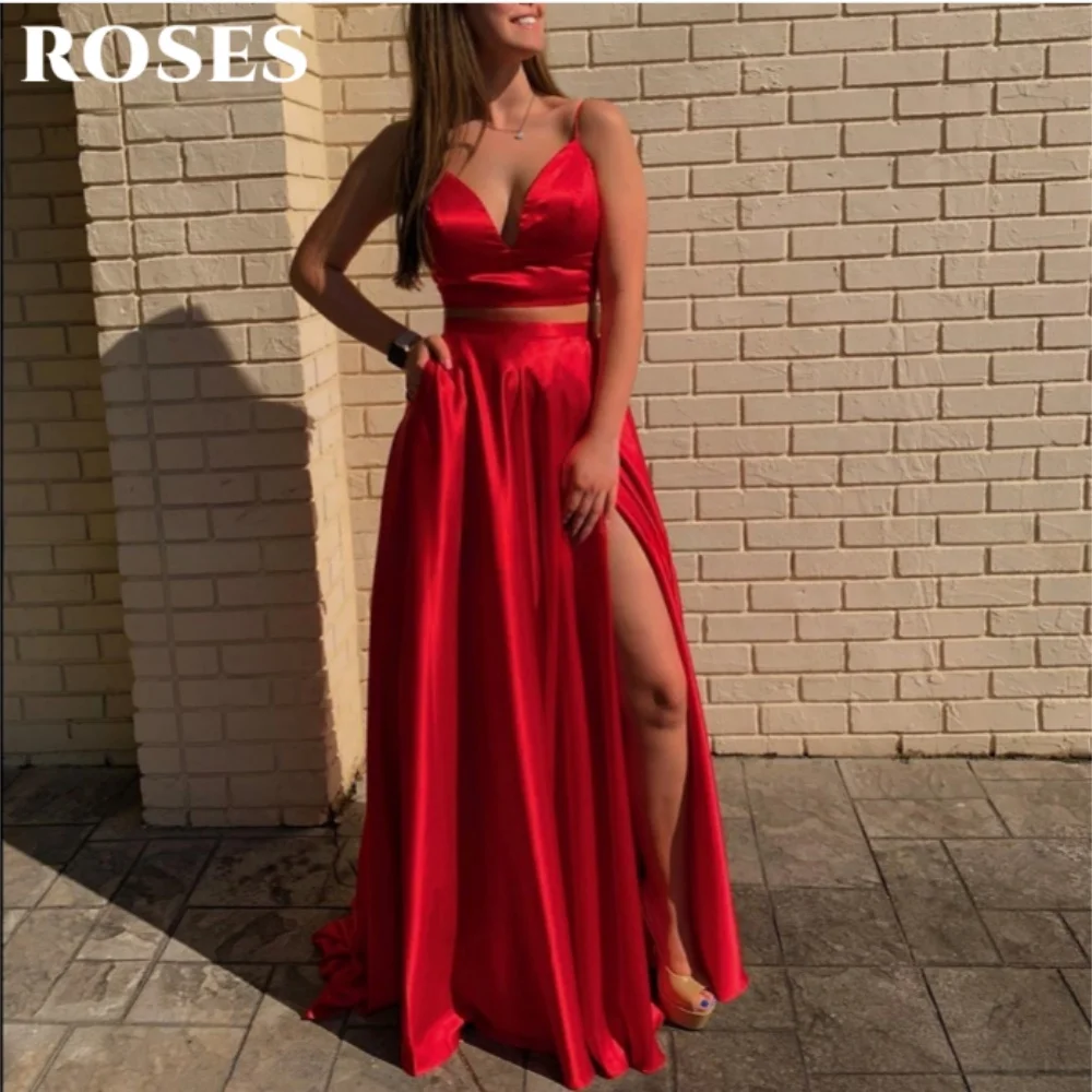 

ROSES Red Sexy Spaghetti Straps Prom Dress for Woman V-Neck Navel Prom Gown Satin Side High Split Ball Gown 프롬 드레스 Customized