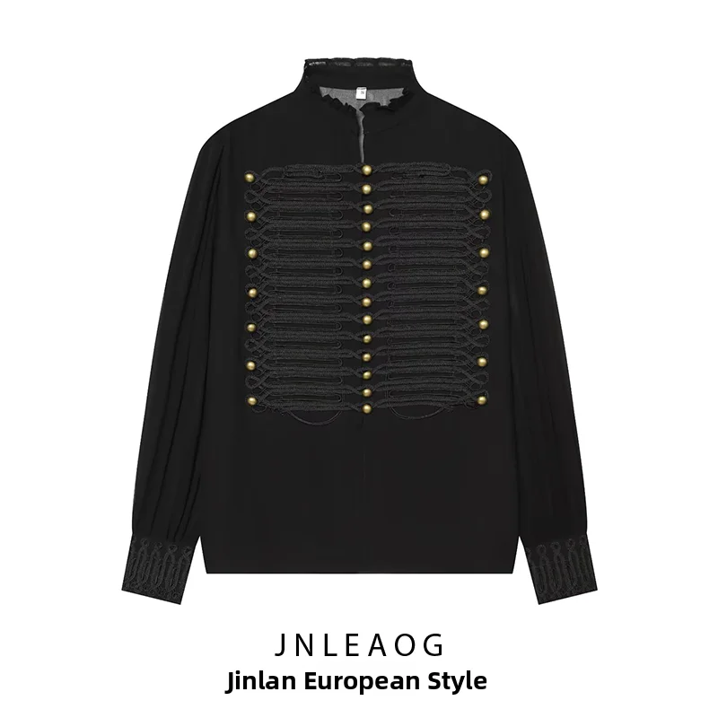 JNLEAOG Women's Autumn New Style Casual round Neck Long Sleeve Button Micro See-through Chiffon Top Polyester Standard Fit