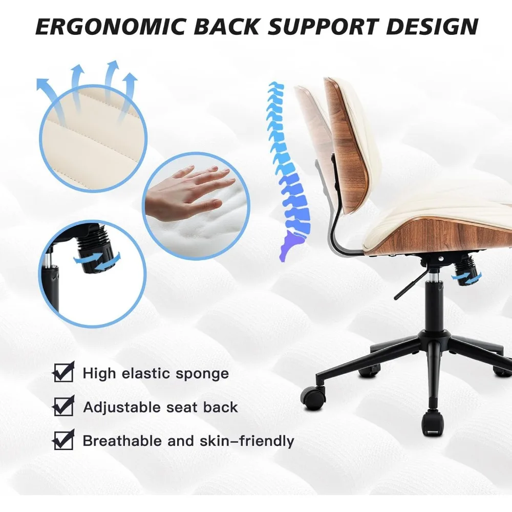 كرسي مكتب بدون ذراعين مع 360 درجة ° عجلات دوارة، كرسي كمبيوتر مريح قابل للتعديل الارتفاع للمكتب المنزلي، جلد PU مع جدار حديث #3