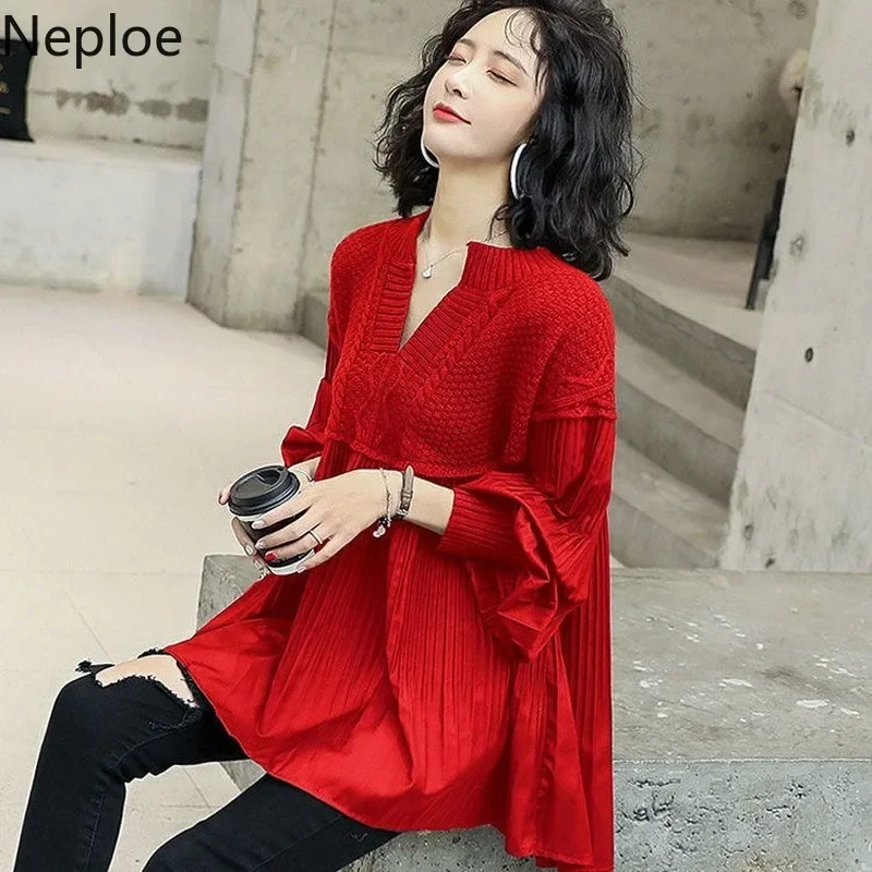 Sweter damski Neploe Fashion w koreańskim stylu oversize topy rękaw lampionowy plisowane swetry Patchwork V Neck eleganckie swetry ubrania