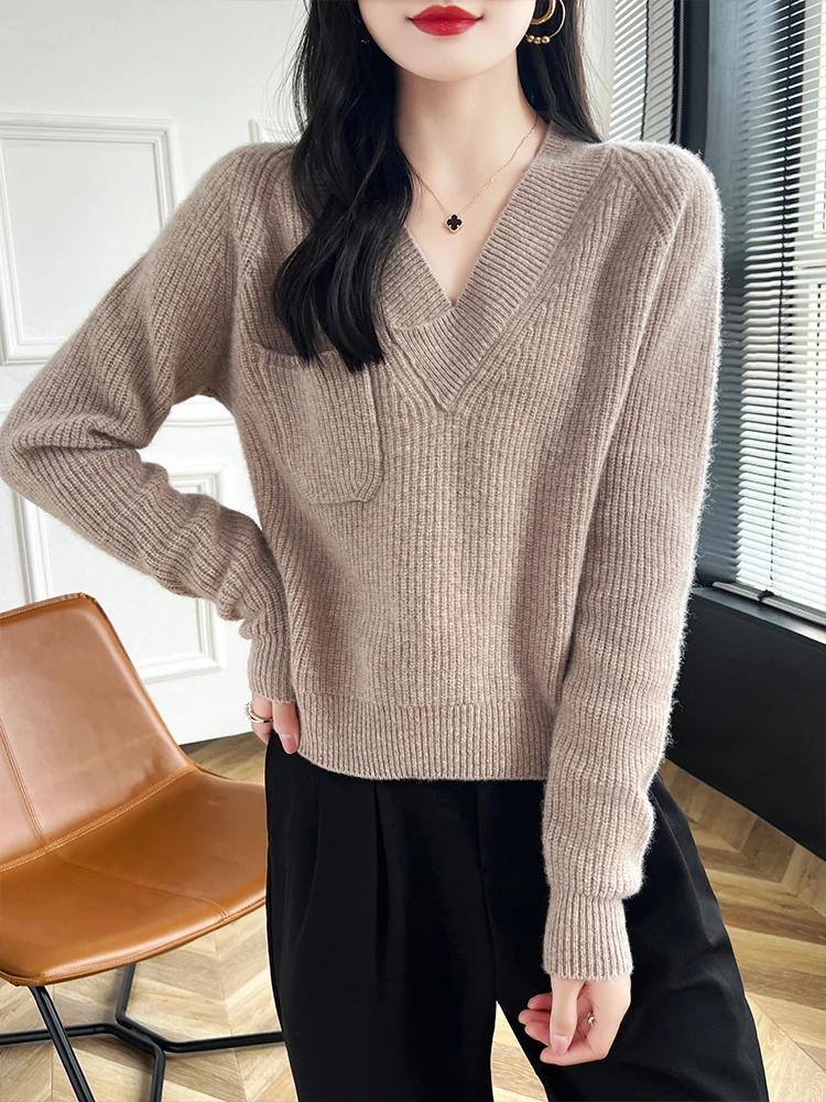 Autumn Winter Women Cashmere Sweater V-Neck  Pockets Pullover 100% Merino Wool Knitwear Female Grace Soft Clothes Knitting Top