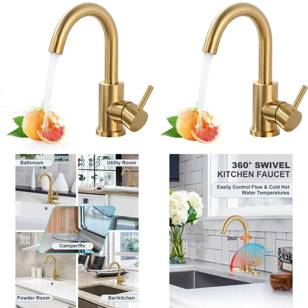 

Gold Single-Handle Bar Sink Faucet with 360° Swivel Spout for Kitchen, RV, and Farmhouse Use