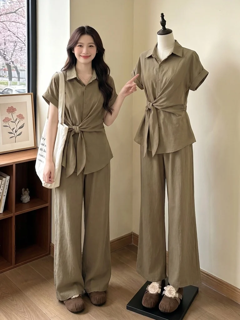 plus Size Women's Khaki Shirt Wide Leg Pants Waist Cinched Two Piece Set Summer Fashion Ensemble Old Money Style Casual Wear