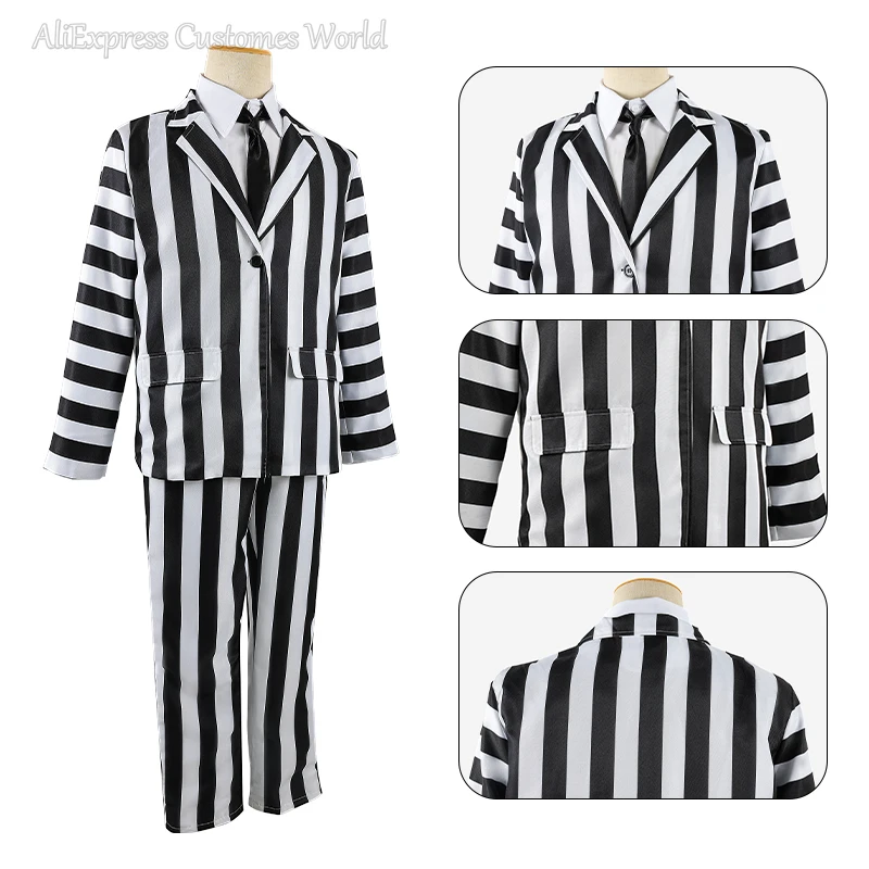 Movie Beetle Master Cosplay Costume Juice Michael Cosplay Halloween Performance Anime Men Black and White Stripes Suit Costume