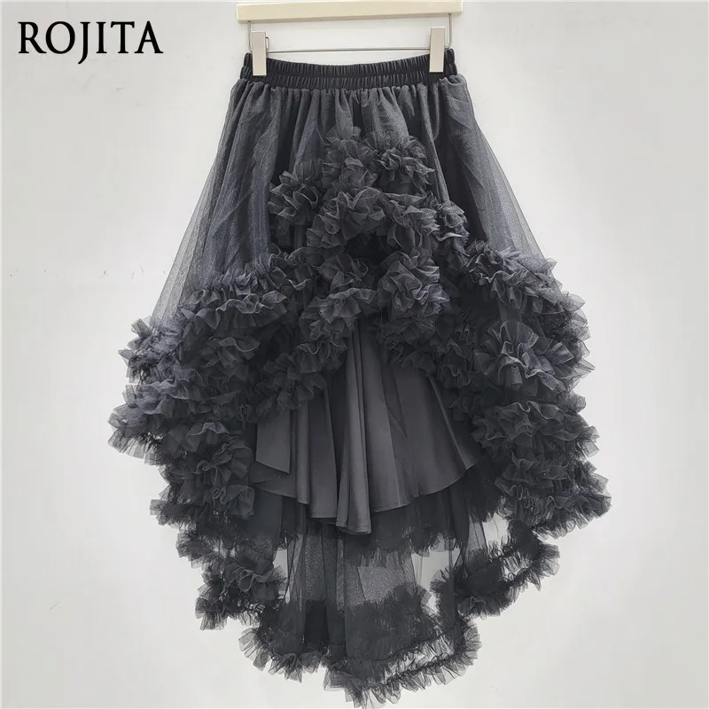 Retro Green Mesh Fluffy Irregular Skirt Women's Summer High-end Temperament Waist Black Skirt Midi Skirt Kawaii Skirts