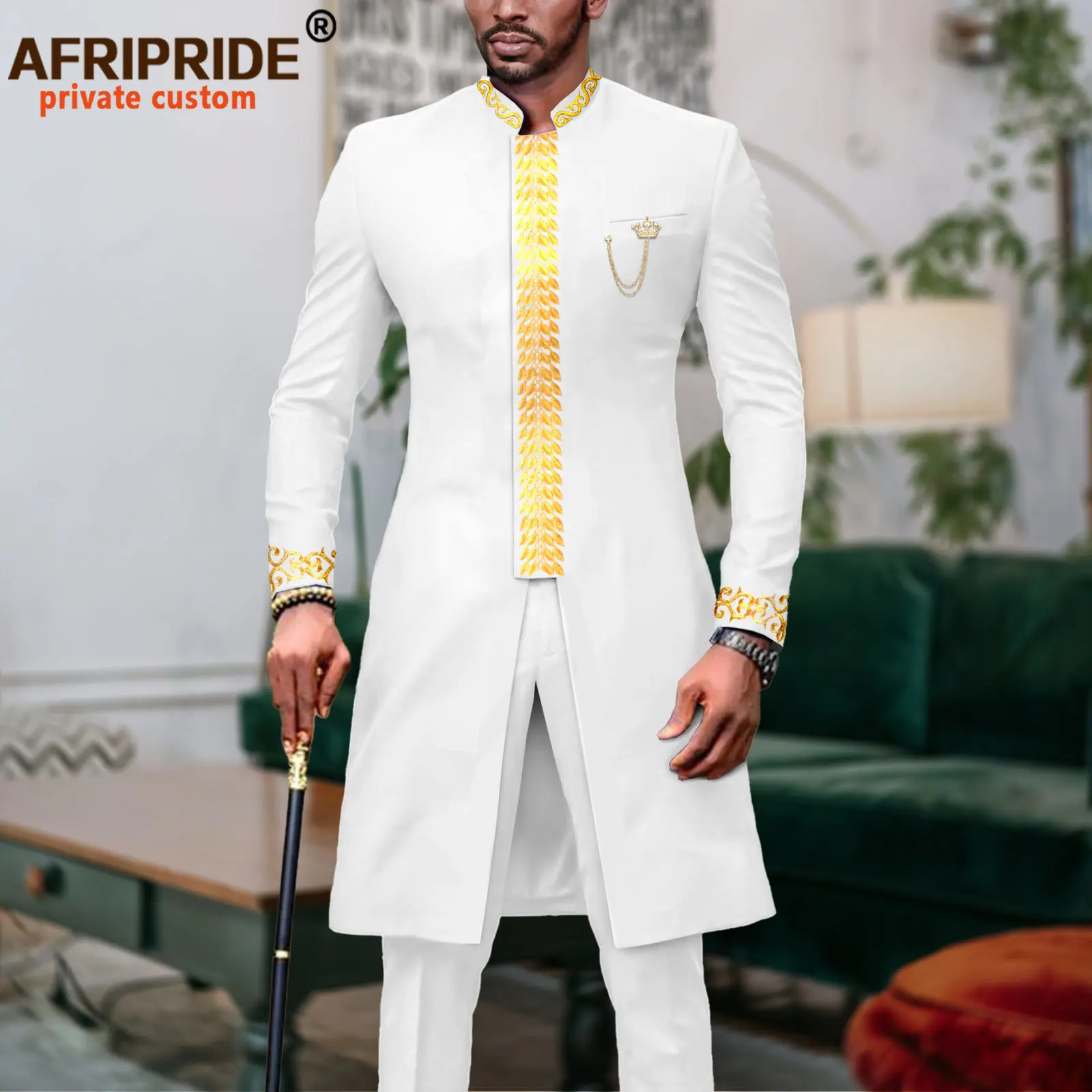 Dashiki for Men African Suit Embroidery Jackets and Trousers 2 Piece Set Traditional Attire Wedding Party Clothes Chain A2316061