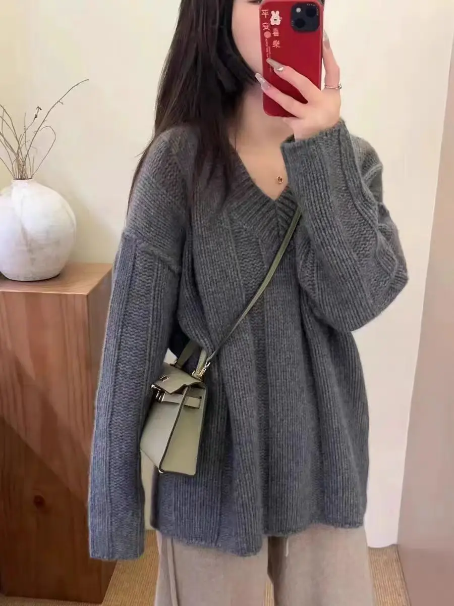 

Женский пуловер из 100% шерсти Merino с v-образным вырезом, осень-зима, толстый свободный повседневный модный вязаный кашемировый свитер