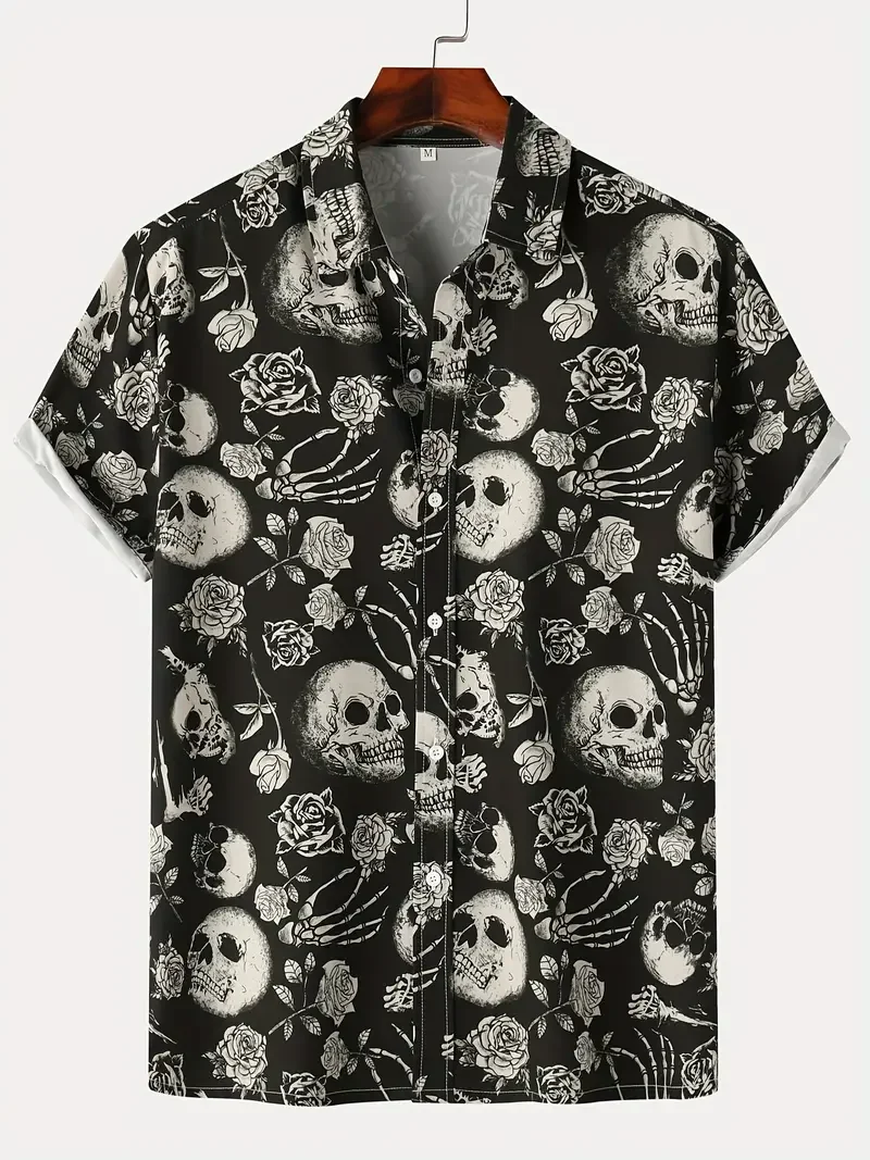 2024 Skull Men\'s Shirts Lapel Streetwear Vintage Shirt For Men Street Hip Hop Short Sleeve Top Party Summer Men Hawaiian Shirts