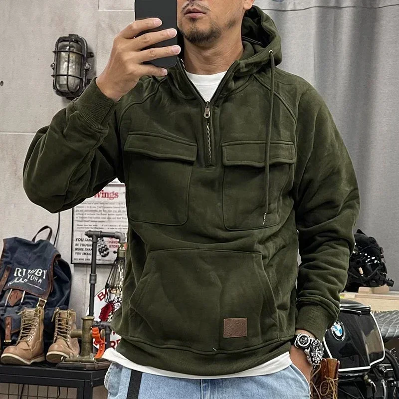 Male Clothes Hoodies Sweatshirt for Men Motorcycle Hooded Aesthetic Half Zip High Quality Welcome Deal Streetwear One Piece Warm