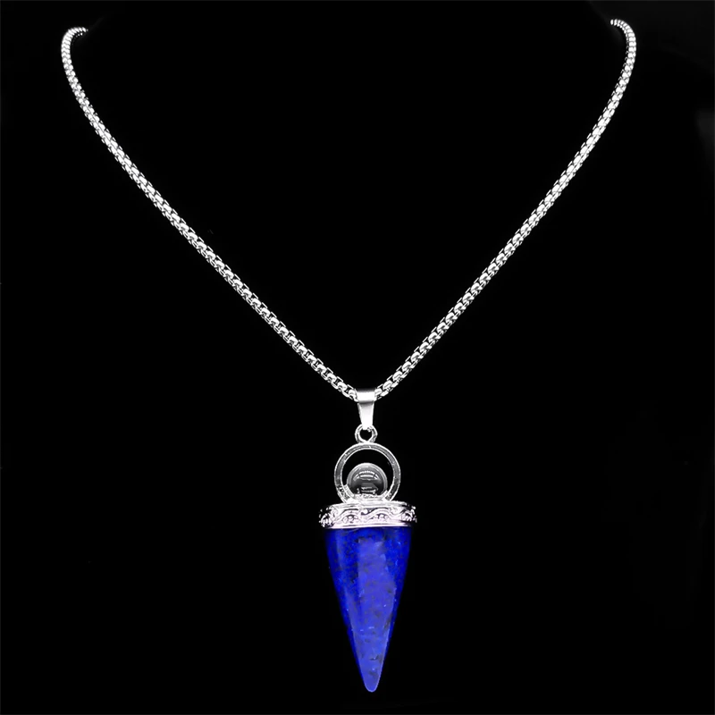 Witch Ball Conical Blue Lapis Lazuli Stone Pendant Necklace Women Men Stainless Steel Wicca Pagan Chain Jewelry colier NZZZ372-1