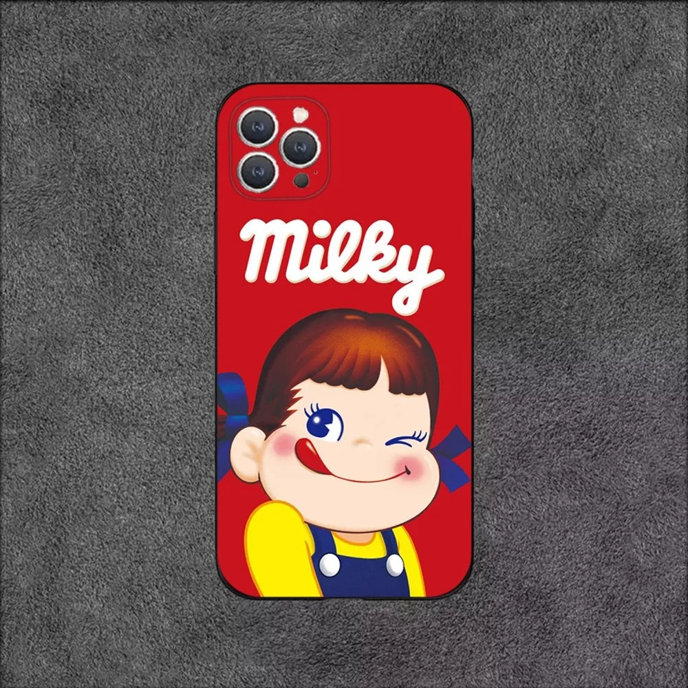 Fujiya Milky Peko-Chan  Phone Case For iPhone 15,14,13,12,11,Plus,Pro Max,XS,X,XR,SE,Mini,8,7 Soft Silicone Black Cover