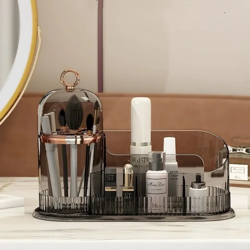 Makeup Brush Box  With Drawer 360° Rotating Cosmetic Organizer Holder Skincare Cotton Pads Swabs Lipstick Jewelry Storage Case