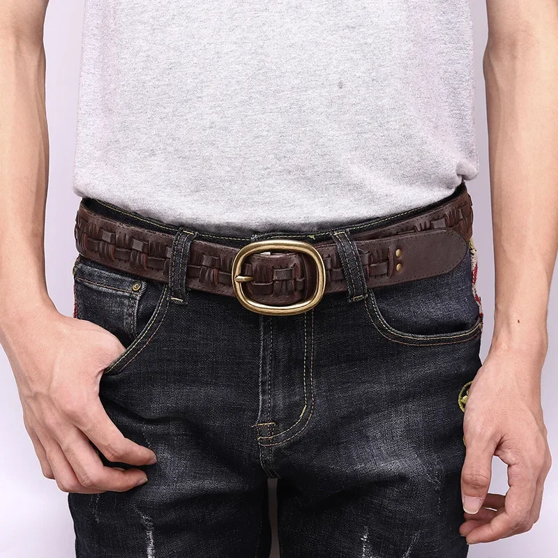 

New Style First Layer Cowhide Hand-woven Belt Men's Genuine Leather Pin Buckle Retro Trend Personality Woven Jeans Belt