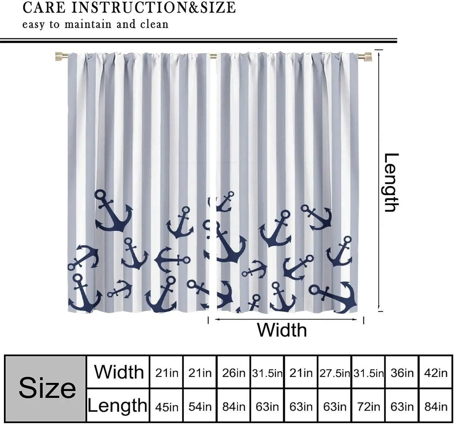 Nautical Anchor Print Gray Curtains Coastal Window Treatment Drape Beach Decor Sailor Stripes Lightweight Curtain Panel for Bedr