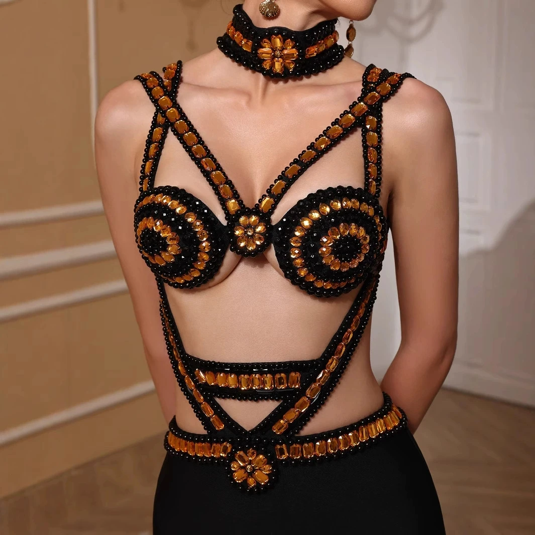 Sexy beaded black and gold bandage evening dress hollow strap backless cocktail dress-GZXX767