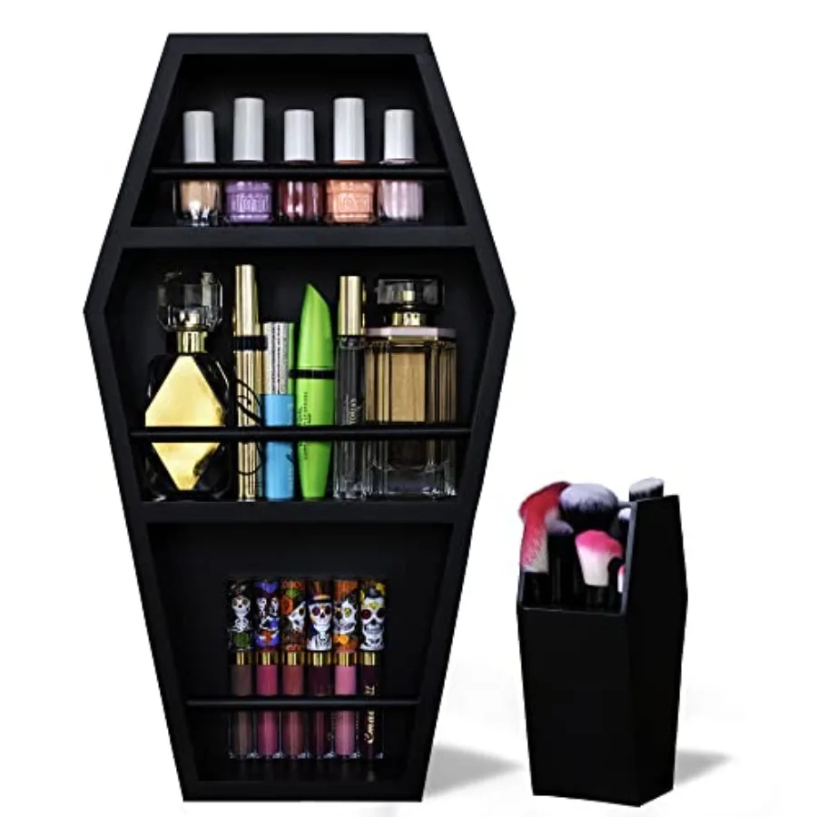 

Goth Makeup Shelf - 3 Shelf Standing or Floating Wall Coffin, Makeup Brush Holder Black