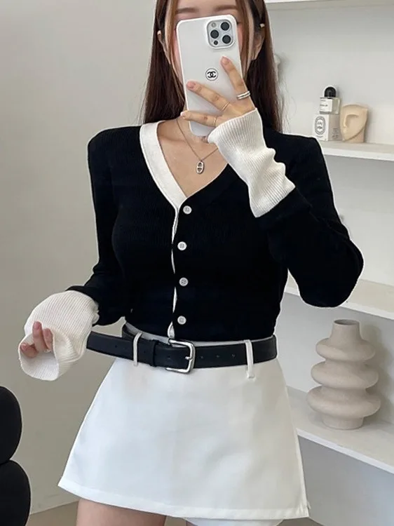 Ele fino ajuste de malha aberta cardigan feminino outono inverno novo sle v ne camada base personali camisola francês sle