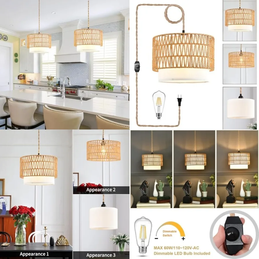 

Boho Plug in Pendant Light Rattan Hanging Lights with Plug in Cord, Indoor Hanging Lamp with Dimmer Switch, Wicker Bamboo Woven