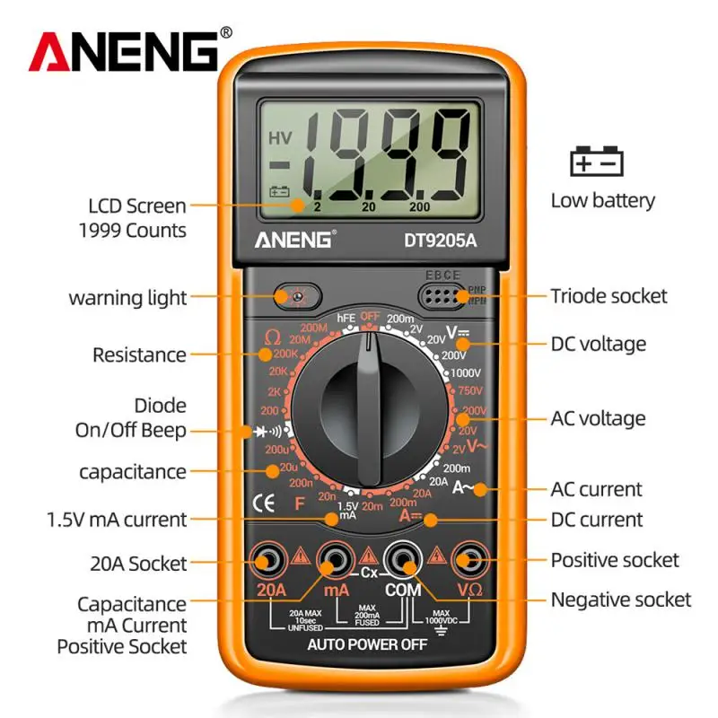 DT9205A-12 Digital Multimeter AC/DC Transistor Tester Electrical NCV Test Meter Profesional Analog Auto Range Multimetro