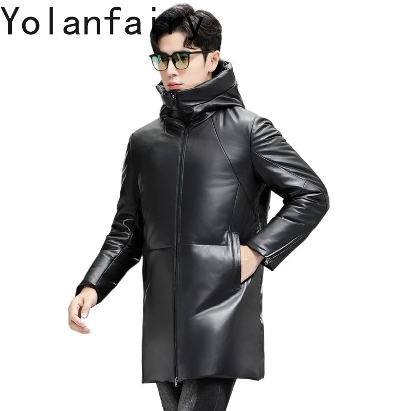 

YOLANFAIRY Genuine Leather Down Jacket Man Hooded Winter Mid-length Real Sheepskin Puffer Coat Warm Coats Jackets Men Clothes