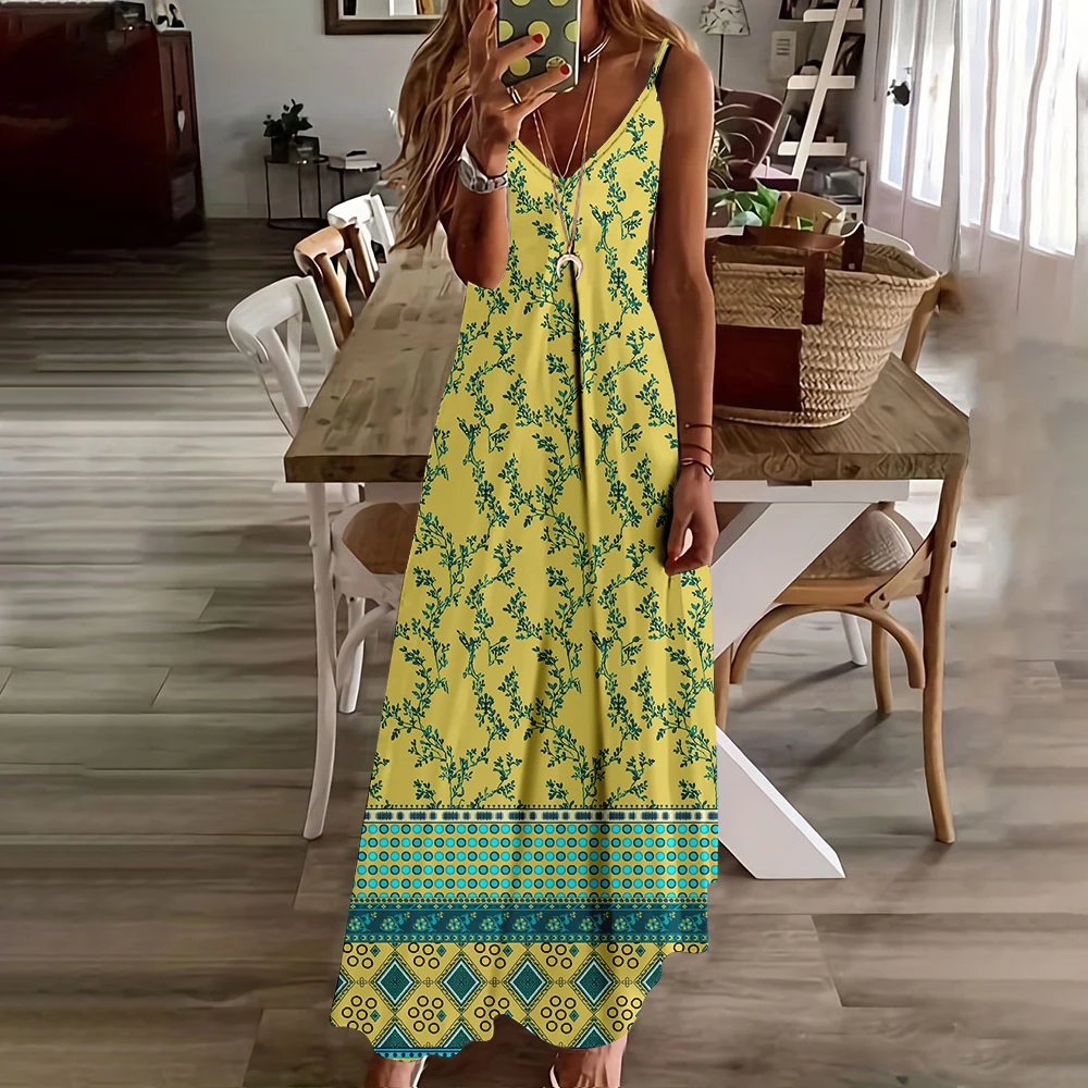 2024 Classic Floral Printed Long Sling Dress For Women Vacation Boho Spaghetti Strap Beach Dress Summer Casual Loose Maxi Dress