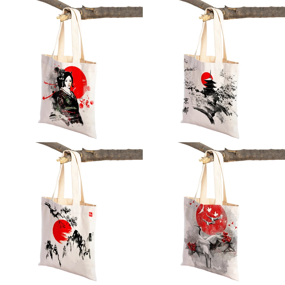 Fashion Japanese Ink Women Canvas School Bag Shopping Bag Both Sided Print Beautiful Scenery Cat Girl Student Travel Tote