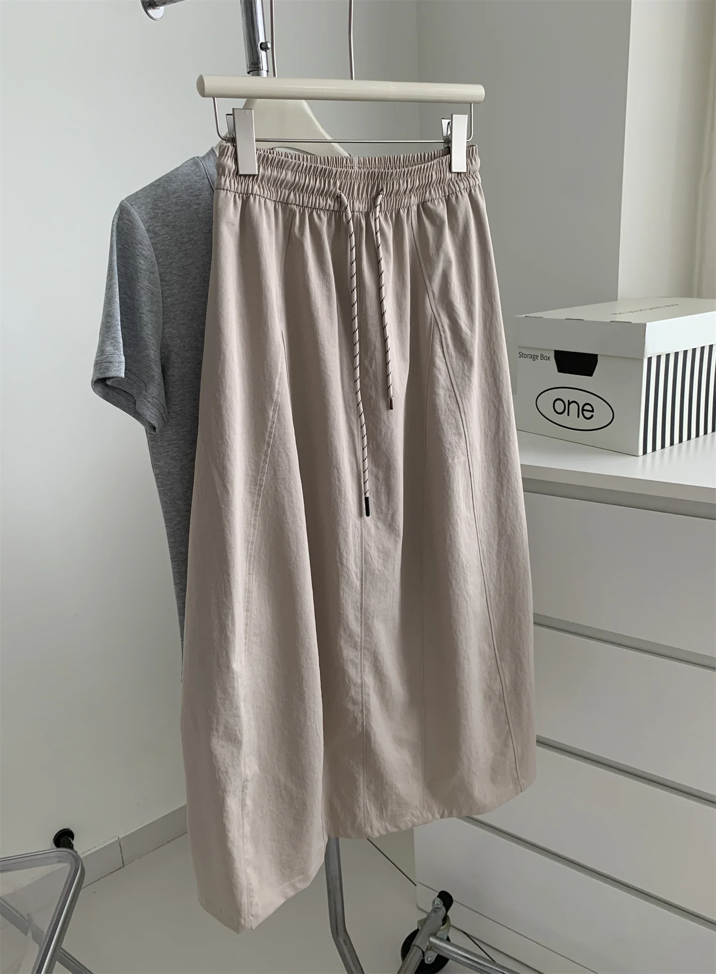 

Summer Thin Casual Skirt For Women Drawstring Elastic Waist Patchwork Mid-length Skirt Simple Vintage Solid Skirts