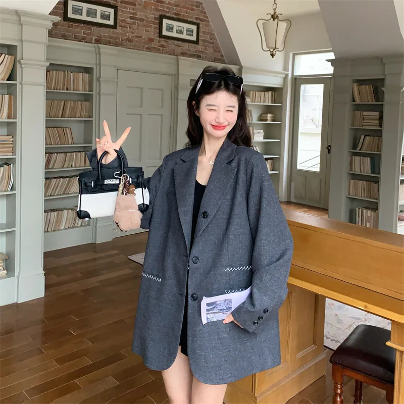 

Женские серые костюмы SuperAen оверсайз, весна-осень 2026, новые свободные однобортные пальто в корейском стиле