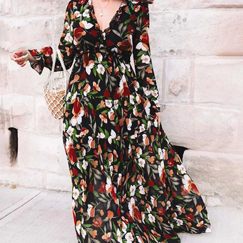 Elegante floral feminino verão praia vestido longo primavera casual plissado em camadas de manga comprida vestidos maxi vestidos de festa