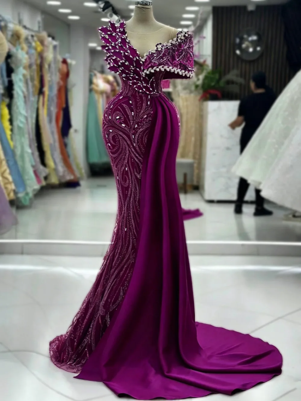 

Stunning Beaded Evening Dresses Sleeveless Sweep Train Mermaid Prom Gowns Crystals Vestidos De Noche Customized