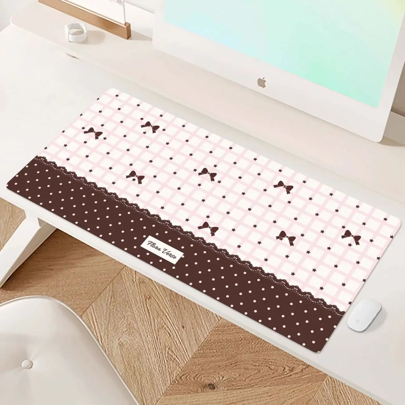 PU Leather Mouse Pad Sweet Ballet Pink Lace Stripe Stars Bow Mouse Pad Office Desk Mat Waterproof Non-Slip PU Desk Blotter Pad