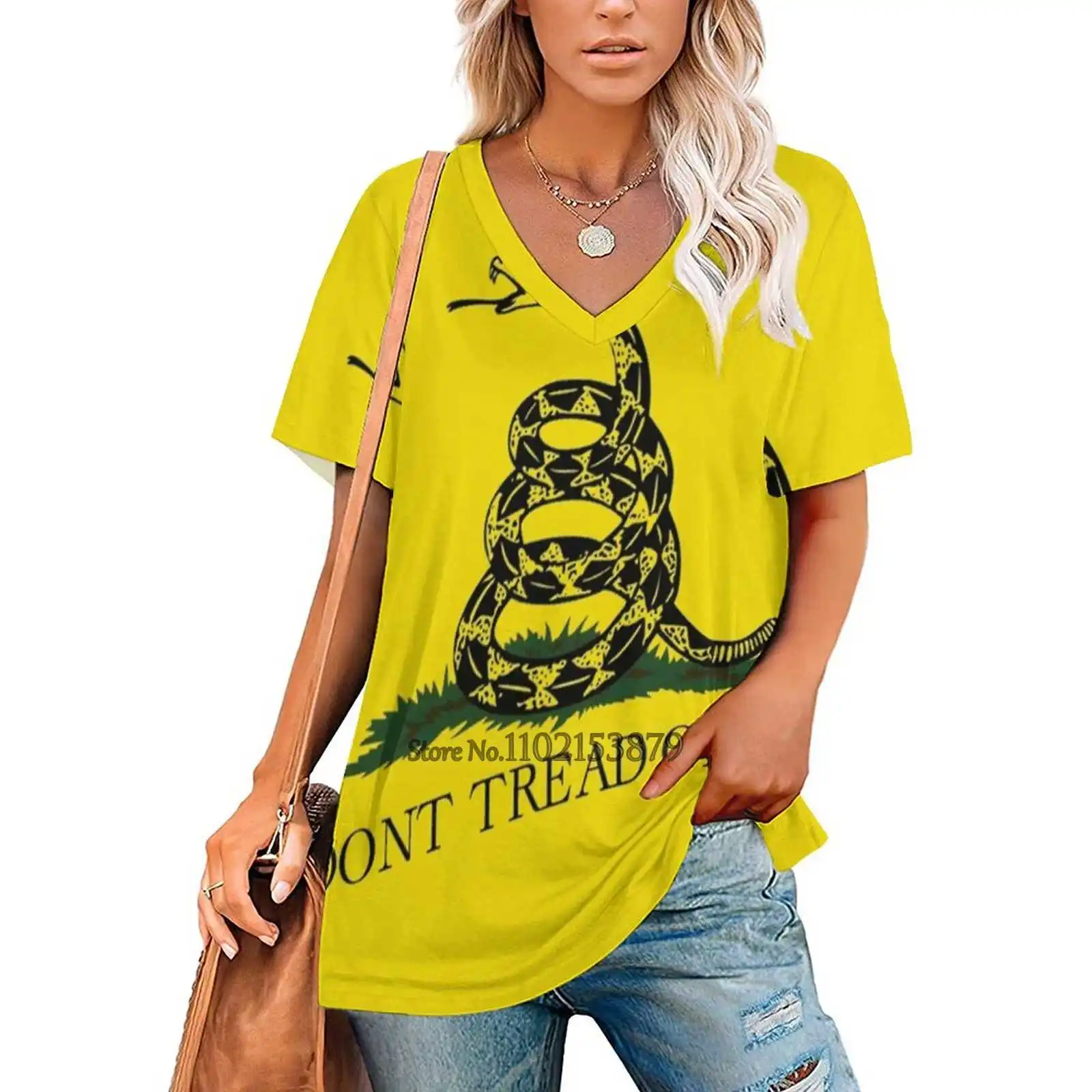 Gadsden Flag Women's T-Shirt Casual Short Sleeved Tops V-Neck Zipper Tee Ladies Loose T Shirts Gadsden Flag Dont Tread On Me