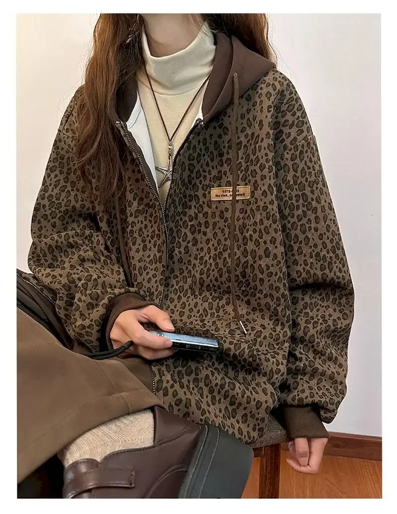 Leopard Hoodies Women Thicken Hooded Zip Up Jacket Fashion Design Plush Vintage Hoodie Spring 2024 New in Korean Hooded Coat Y2k