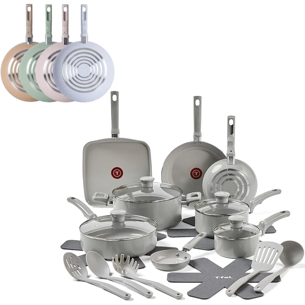 

Refresh Ceramic Pots and Pans Set, 20-Piece Nonstick Cookware Set, Stockpot, Griddle, Frying Pans, Utensils, Moon Grey