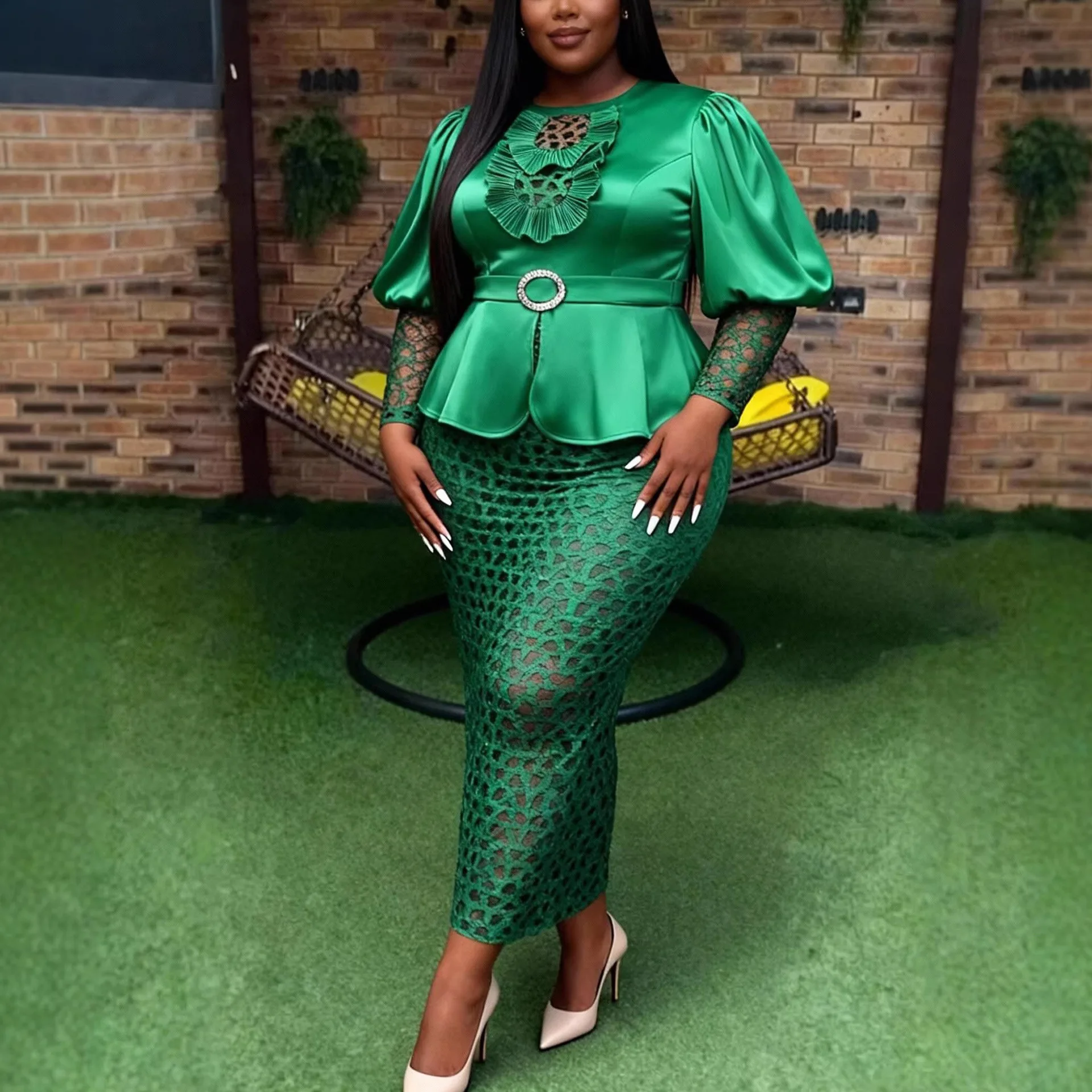 

Africa Clothing Women Dresses O Neck Satin Patchwork Sequin Lace Puff Sleeves Peplum Belt Formal Events Special Occasions
