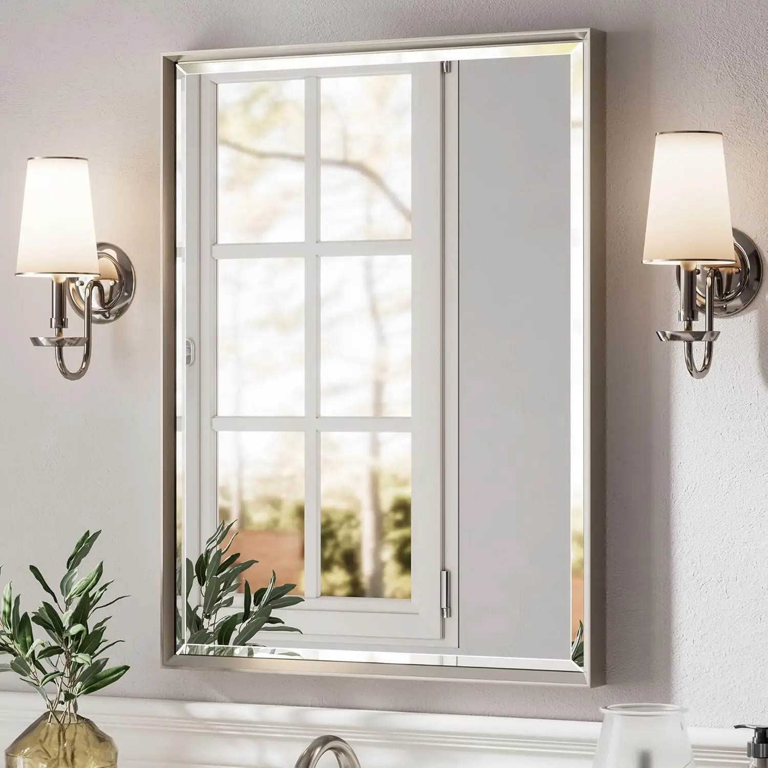 

Зеркало для ванной 24x32 дюйма с фаской, в раме из матового никеля с защитой от ржавчины, настенное, для туалетного столика