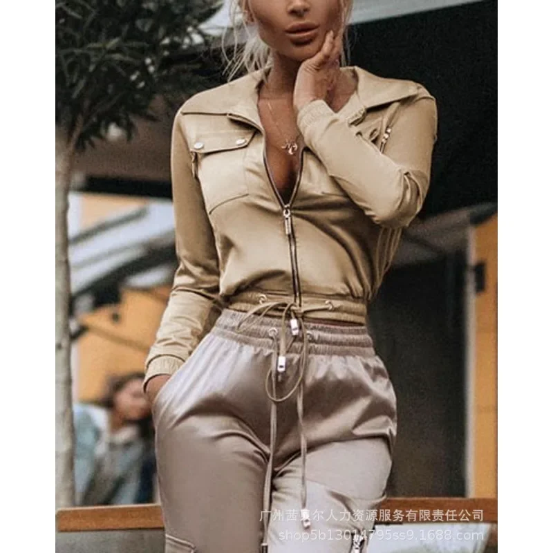 

Elegant Women Blazer Suit Top Casual Fashion Long Sleeve Turn Down Collar Zipper Pocket Corset Drawstring Waist Coat Jacket
